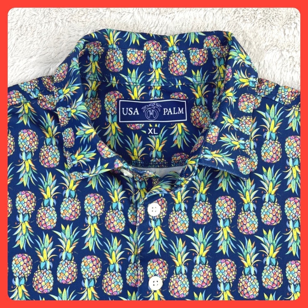 USA PALM Pineapple Polo Shirt Men's‎ XL Navy Blue Performance Stretch Tropical